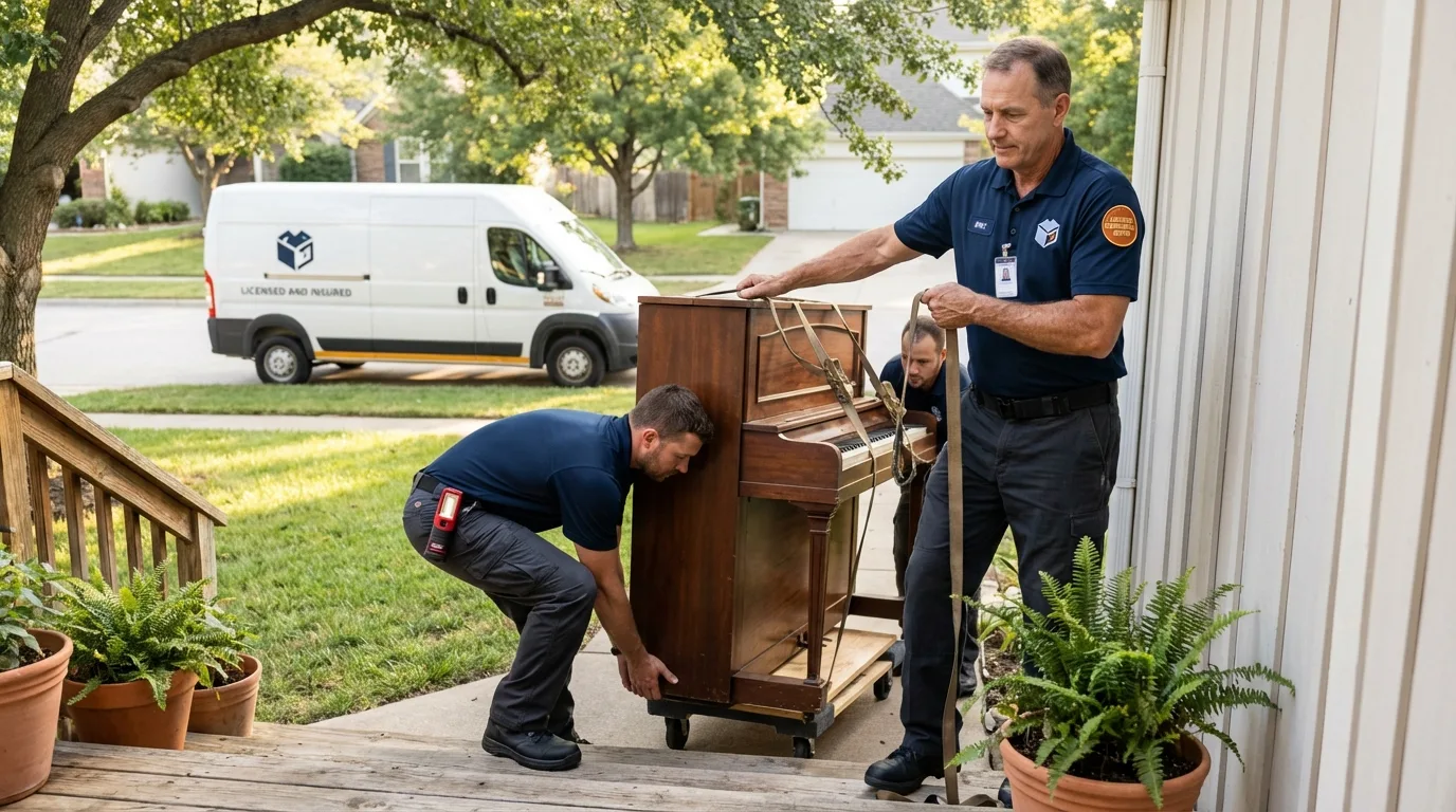 Licensed piano movers securing grand piano in Big Rapids, MI