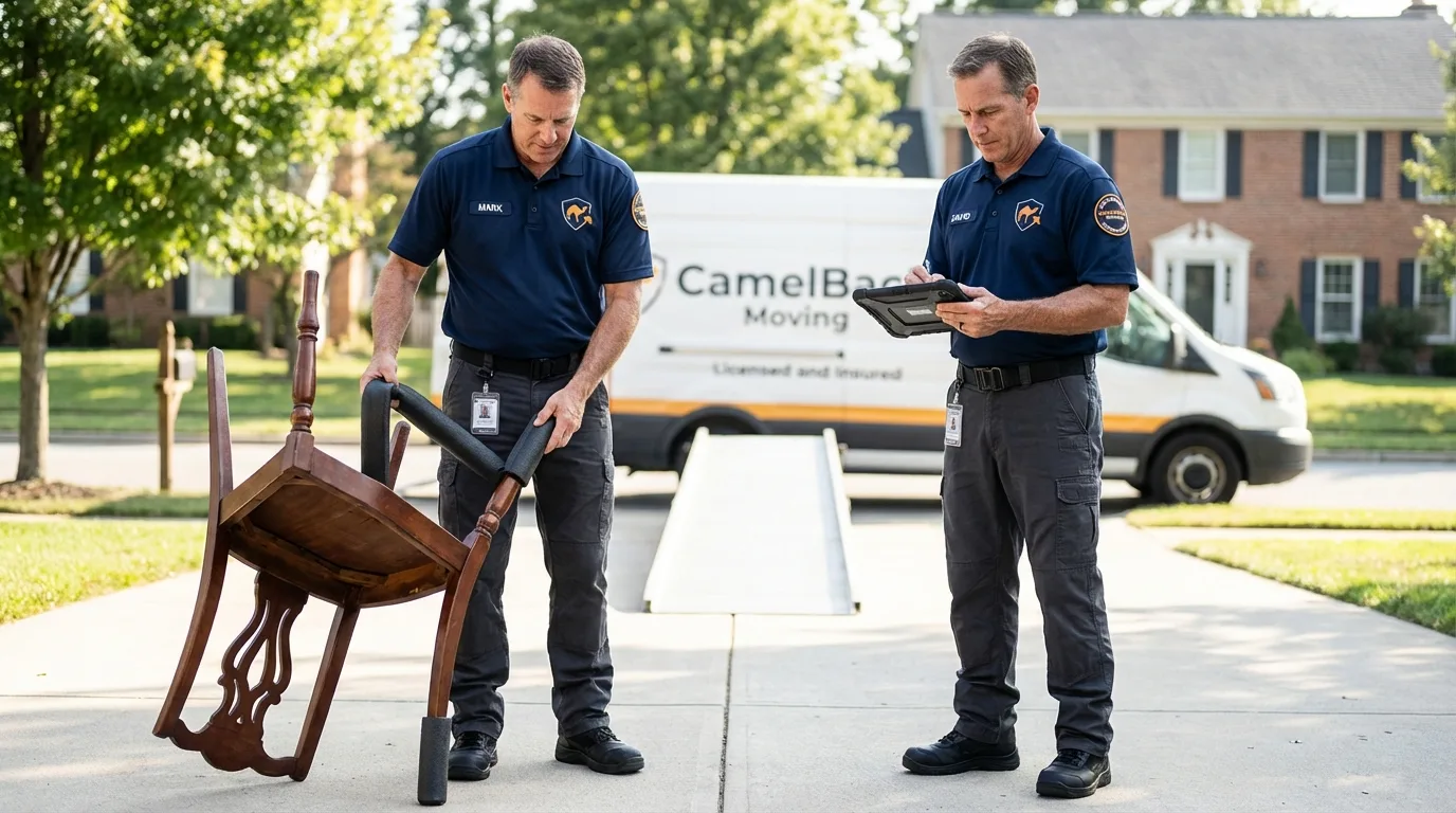 Movers inspecting furniture for damage prevention before loading in Big Rapids, MI