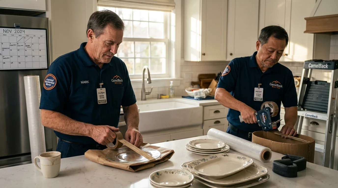 Professional crew packing kitchen dishware in Big Rapids, MI